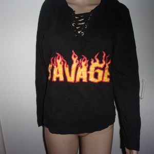 On Fire Tops - womens black hooded long sleeve savage t shirt top On Fire Tops - womens black hooded long sleeve savage t shirt top